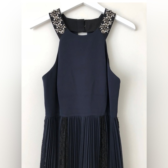 REBECCA TAYLOR Sleeveless Deco Pleated Dress with Lace Inserts and Rhinestones - Picture 5 of 10